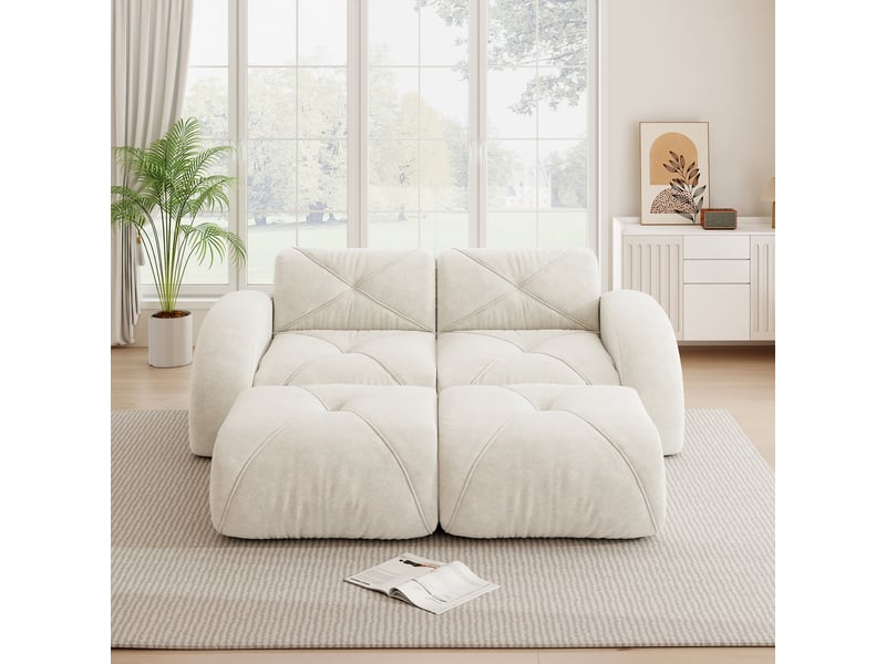 Canapé modulaire 2 places sans cadre avec assise en mousse 32d et 2 poufs, en chenille, beige clair - Conforama C