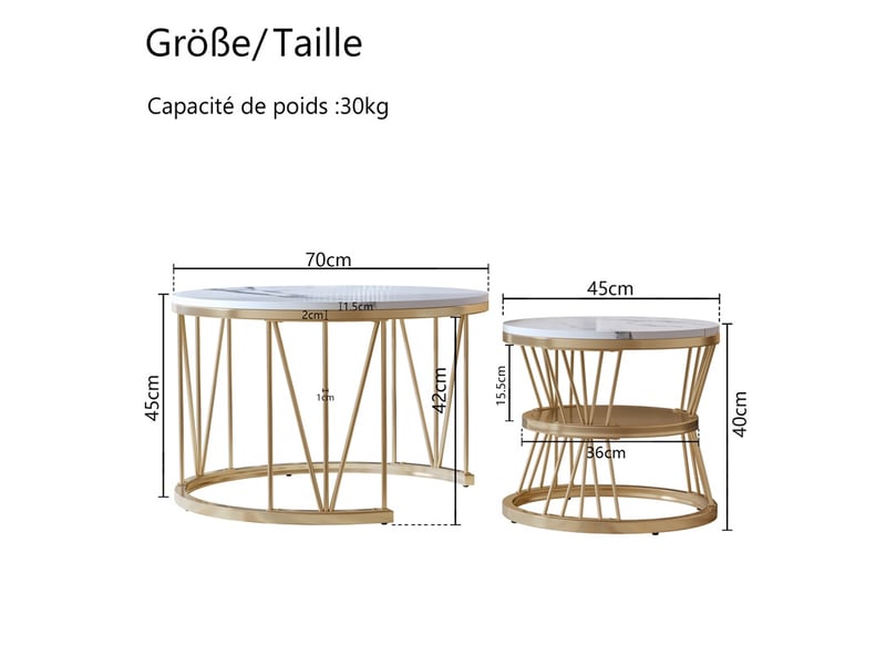  Lot de 2 tables basses ø70x45cm et ø45x40cm - tables gigognes rondes effet marbre, structure en v - doré et blanc  - Conforama E
