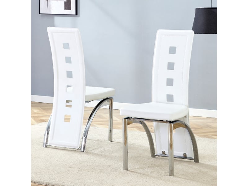  Lot de 2 chaises design européen à motif perforé pu blanc, pieds métal argenté – hauteur 102,5 cm – salon moderne  - Conforama B