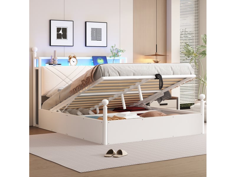  Modenvie lit à baldaquin 140x190 cm - rangement hydraulique, led et ports usb-c - pour petit espace - blanc  - Conforama E