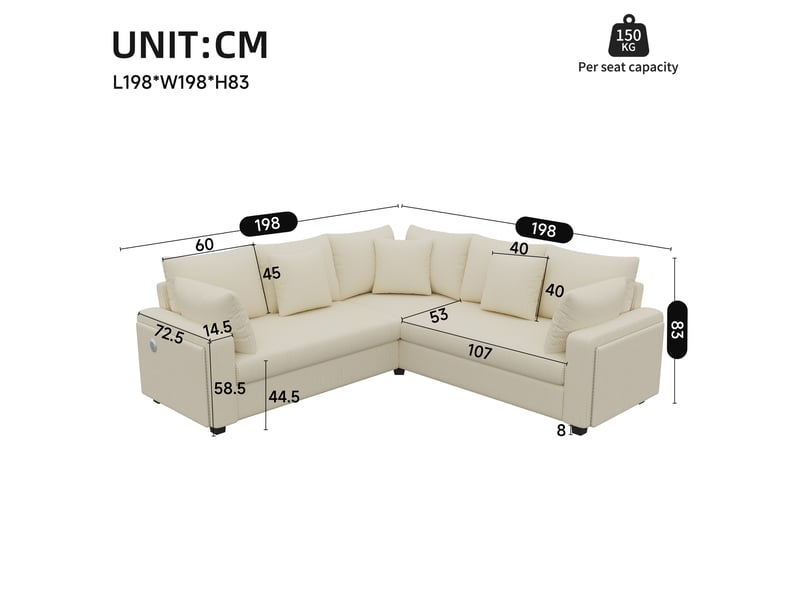 Canapé d'angle 5 places, éclairage led, ports usb et usb-c, velours côtelé, 5 coussins, assise à ressorts pour salon - beige - Conforama C