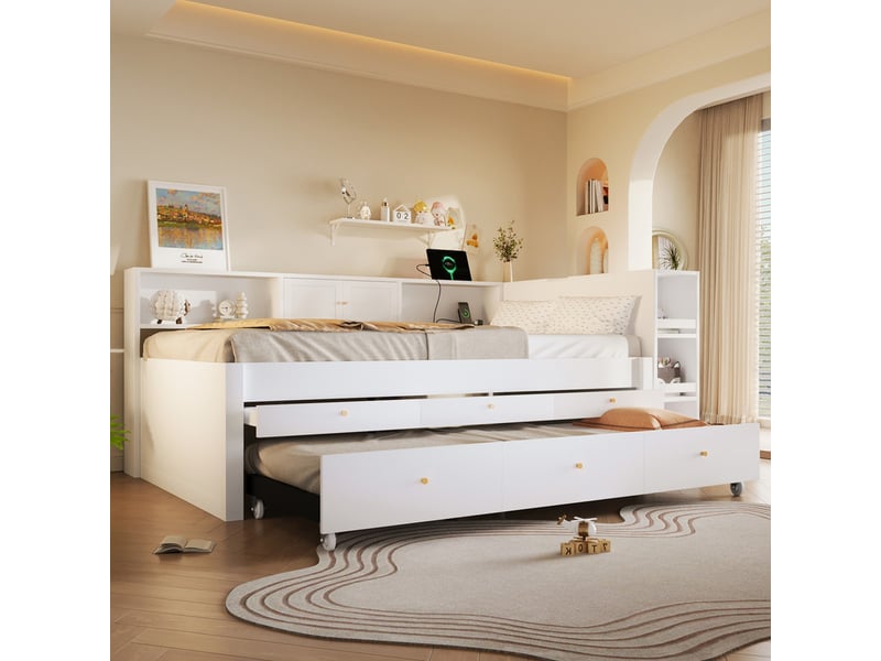 Lit enfants 140 x 200cm avec port de charge usb, 3 tiroirs, lit d'appoint gigogne et espace de rangement, blanc - Conforama D