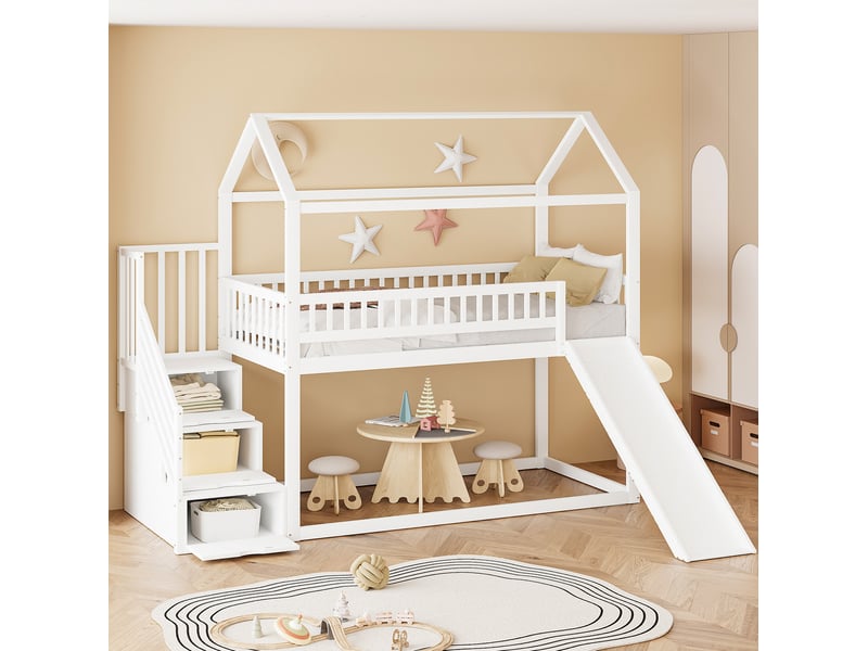  Lit mezzanine enfant avec toboggan et escalier de rangement 90x200 cm blanc  - Conforama B
