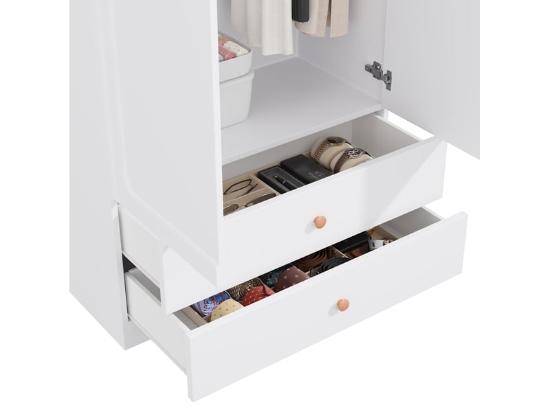  Armoire penderie 225 x 45 x 200 cm blanche en mdf, bois et acier, 4 portes, 4 tiroirs et 3 tringles  - Conforama E