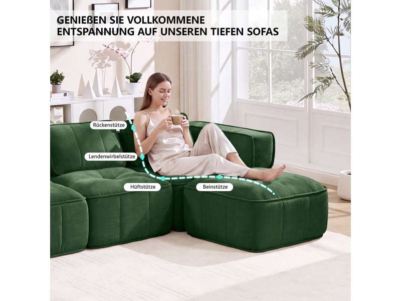  Canapé d'angle modulable sans cadre 3 places 271x162x67 cm avec pouf, mousse haute densité 32d, assise profonde, polyester vert Radiant Stride - Conforama E