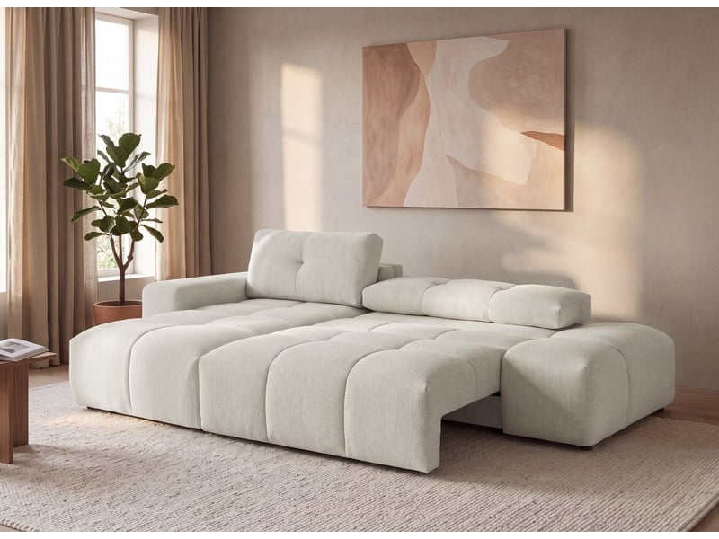Canapé d'angle convertible avec coffre en tissu texturé beige angeline - angle gauche 12390-M3-BEI - Conforama C