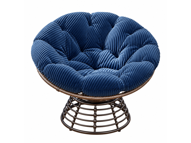 Fauteuil papasan en rotin marron pivotant 360° avec coussin bleu marine épais - Conforama A