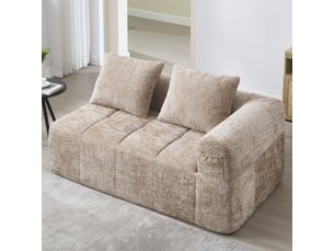 Canapé 2 places en chenille kaki avec méridienne, coussin inclus et poches latérales, sans montage