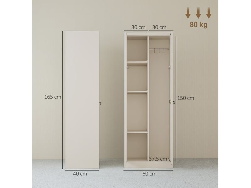 Armoire de rangement haute 60 x 40 x 165 cm crème en acier, avec étagères réglables et tringle de suspension  - Conforama C