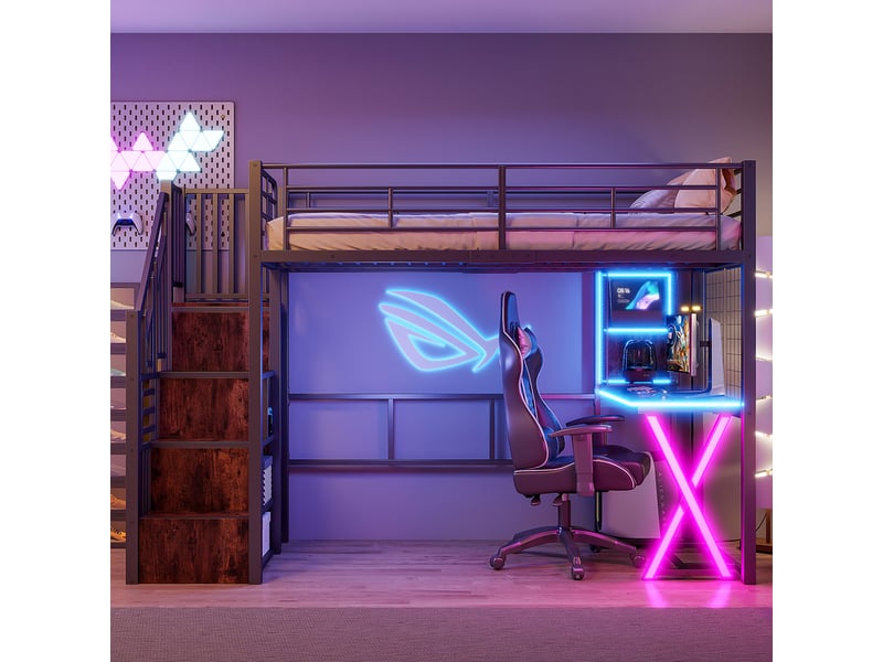  Lit mezzanine 90x200 cm avec éclairage led et échelle de rangement, lit enfant avec bureau et armoire et étagères, noir, métal  - Conforama R