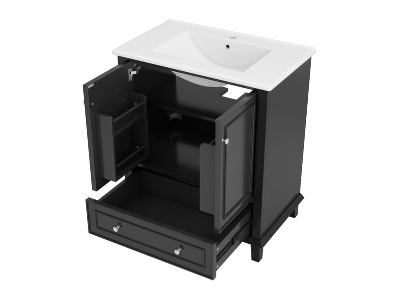 Meuble vasque noir 76 cm avec lavabo céramique intégré et pieds bois massif - Conforama D