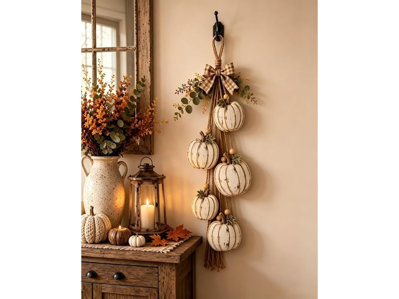  Lot de 5 décorations d’automne citrouilles blanches en bois avec led, nœuds à carreaux, pour porte et mur  - Conforama B