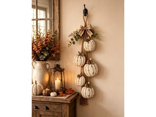 Lot de 5 décorations d’automne citrouilles blanches en bois avec led, nœuds à carreaux, pour porte et mur