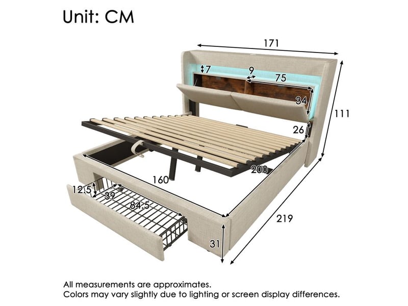  Lit rembourré avec rangement - 160x200 cm - espace de rangement hydraulique - tête de lit avec led - ports usb &amp; usb-c  - Conforama D