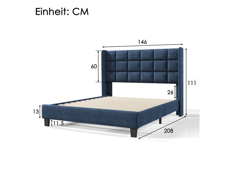  Lit 140x200 cm tissu bleu avec tête capitonnée et sommier à lattes  - Conforama C