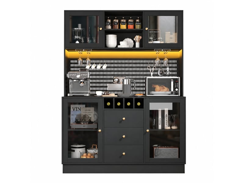 Meuble de cuisine muvano, buffet haut noir avec éclairage led, 140 × 40 × 185,7 cm - Conforama A