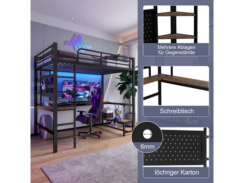  Lit mezzanine simple 90×200 cm bureau, led, usb et type-c  - sans matelas, métal mdf - noir  - Conforama E