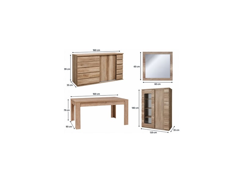 Salle à manger complète romi chêne dab canyon – table, buffet, vitrine et 3 miroirs - Conforama C