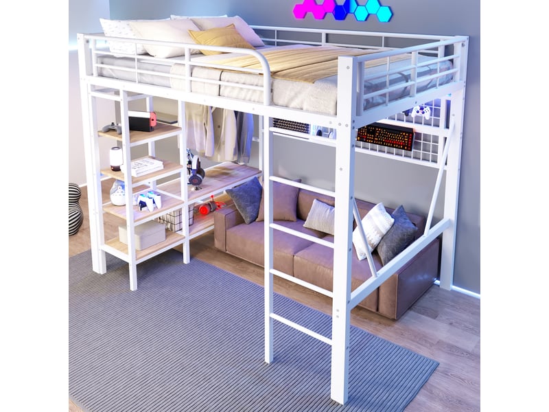 Lit mezzanine 140 x 200 cm avec rangement, cadre en métal, éclairage led réglable par application - Conforama D