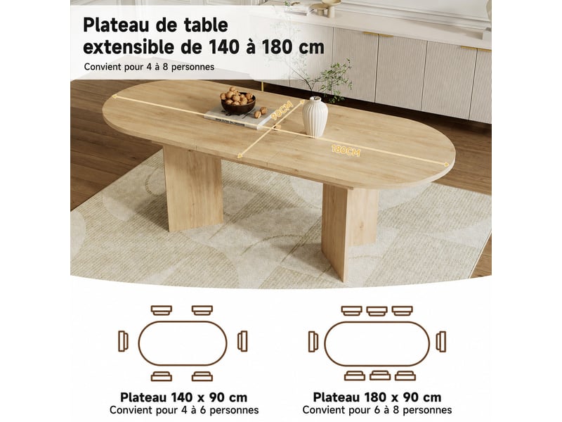 Table à manger extensible 140–180 x 90 x 75 cm, avec bords arrondis, plateau épais, pour 6 à 8 personnes, chêne - Conforama E