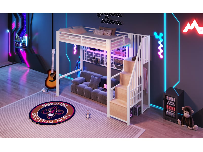  Lit mezzanine 90x200 cm en métal blanc avec placard, échelle de rangement, led 7 couleurs et espace libre sous le lit  - Conforama B