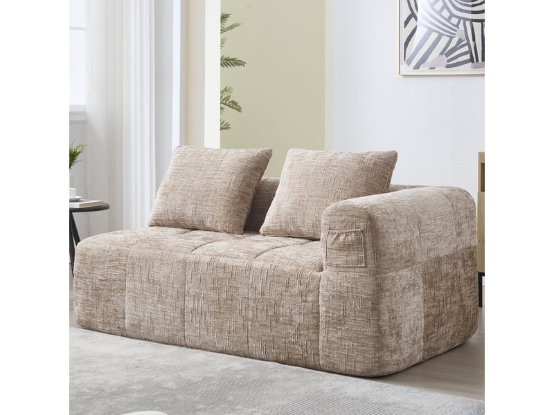 Canapé 2 places en chenille kaki avec méridienne, coussin inclus et poches latérales, sans montage - Conforama W