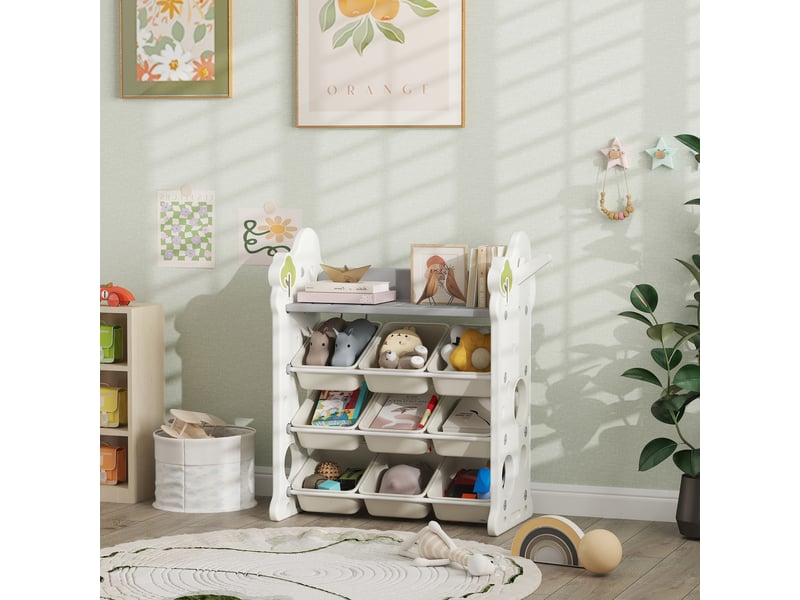  Meuble de rangement pour jouets à 4 niveaux avec 9 bacs et crochet latéral, pehd, 77 x 42 x 94 cm, blanc crème  - Conforama C