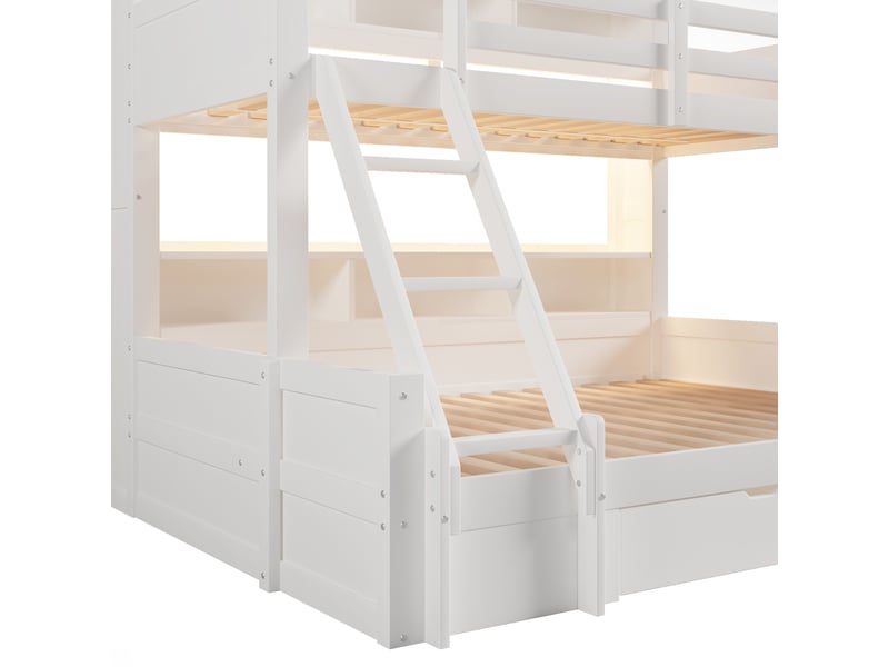  Lit superposé 90x200 et 140x200 cm avec niches, tiroir et led, en pin, mdf et contreplaqué, blanc  - Conforama W