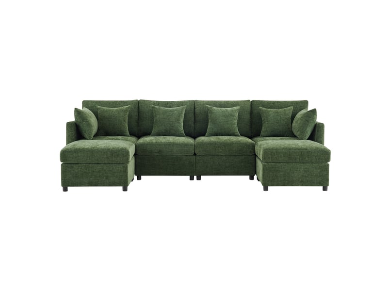  Canapé d'angle modulable 6 places 278 × 161 cm, 2 poufs et 6 coussins, chenille vert IKSETERA TRADING LTD - Conforama R