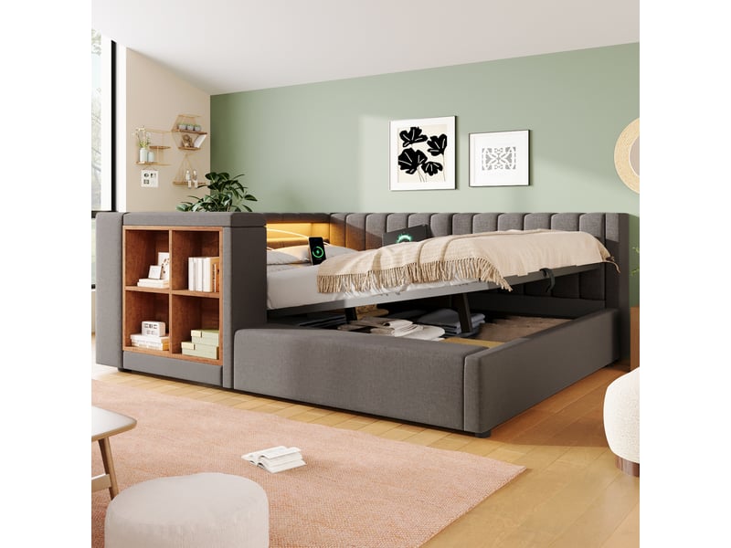  Lit banquette coffre 140x200 cm, banquette-lit, ouverture hydraulique, éclairage led, ports usb et type-c, sommier à lattes, lin gris CozyNest - Conforama D