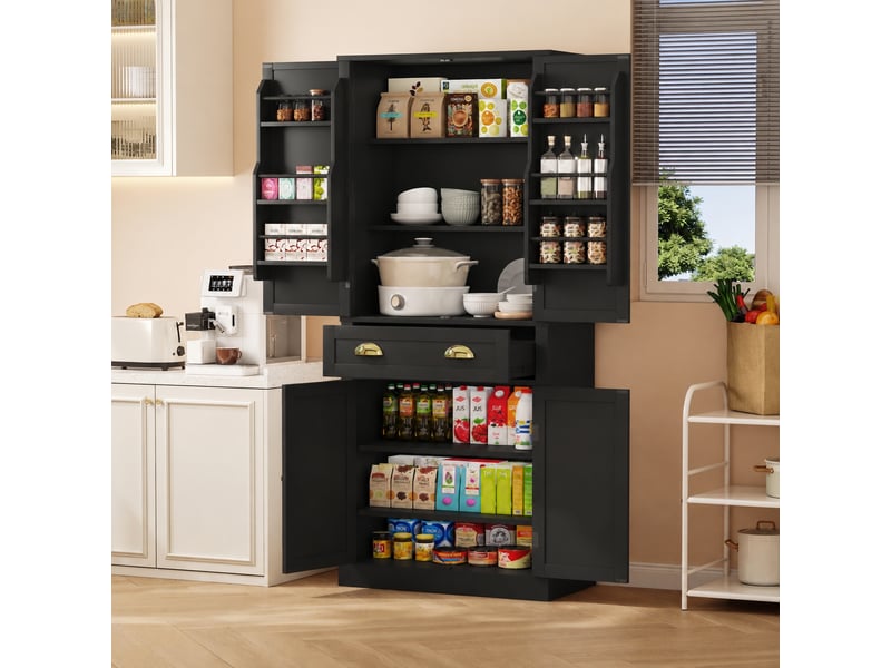  Armoire de rangement de 182 cm, meuble vaisselier avec quatre portes, tiroir et étagères réglables, noire  - Conforama C