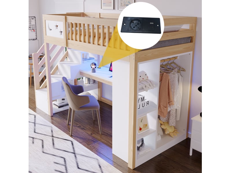  Lit mezzanine 90x200 cm blanc et coloris bois naturel avec bureau et rangements  - Conforama D
