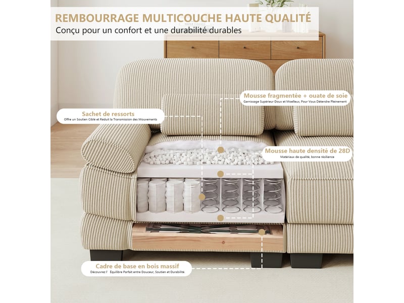  Canapé modulable modenvie 4 places en u avec 2 poufs, assise profonde, velours côtelé beige, 336 x 161 x 94 cm  - Conforama E