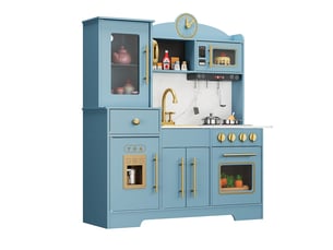 Ensemble de cuisine en bois pour enfant, réaliste, horloge, nourriture, ustensiles, jeu d'imitation 3-8 ans – bleu