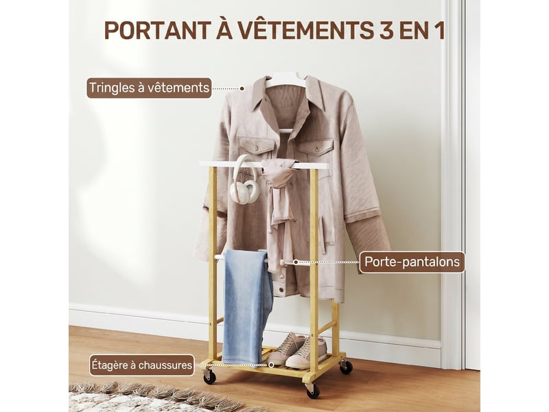  Valet de chambre à roulettes, portant à vêtements en bambou avec cintre intégré, tiges à pantalons et étagère, naturel  - Conforama E