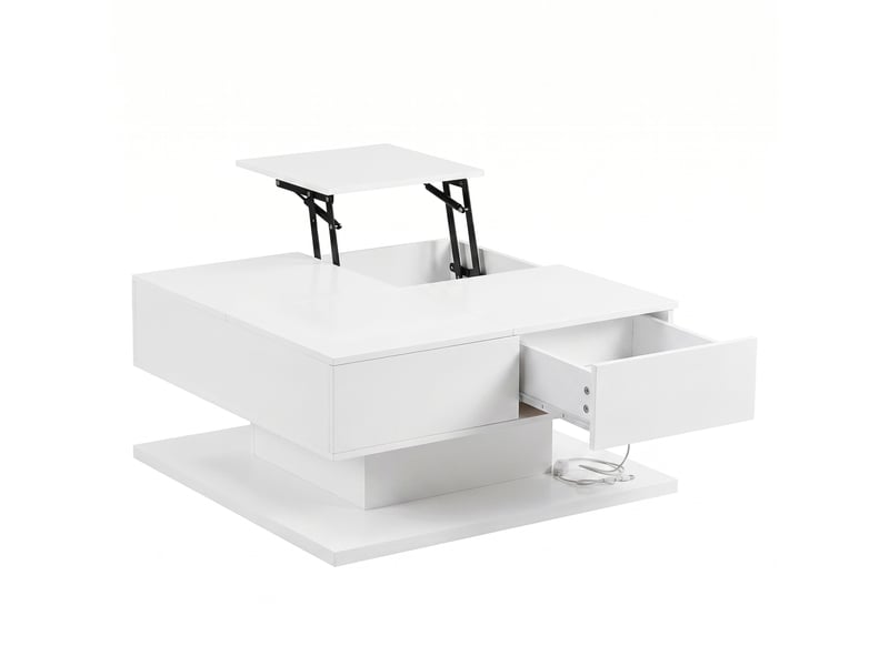  Table basse 72x72 cm blanche en mdf et panneau de particules, avec plateau relevable, led et 2 tiroirs  - Conforama D