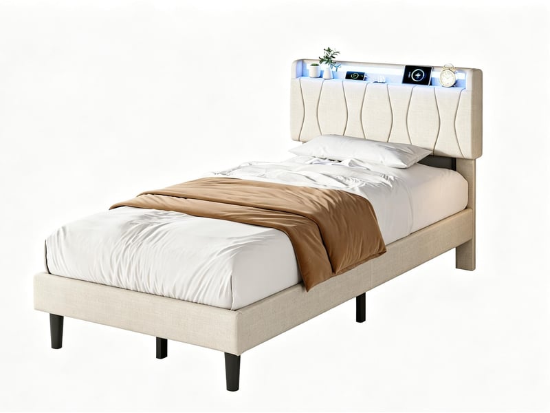 Lit simple 90×200 – lit adulte – tête à tablette – éclairage led rgb – ports usb et type‑c – sommier à lattes – lin beige - Conforama A