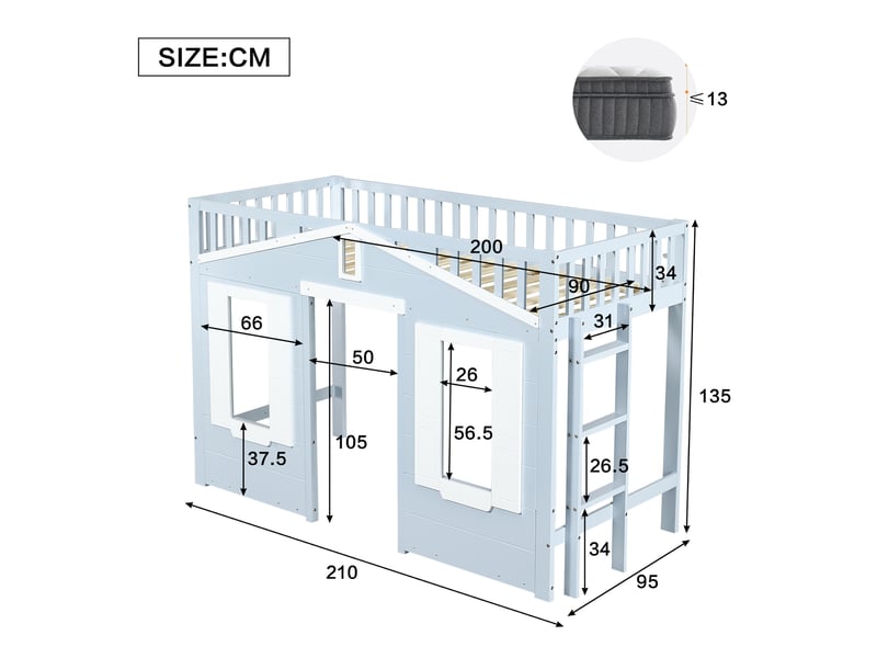  Lit mezzanine bleu 90x200 cm, pin, mdf et contreplaqué, échelle réversible, fenêtres et espace libre sous le couchage  - Conforama C