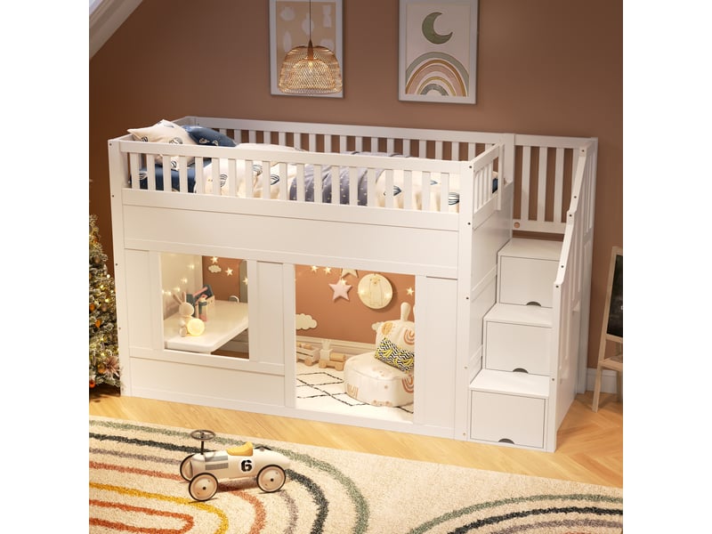  Lit mezzanine enfant multifonction 90x200 cm avec escalier de rangement et espace de jeu en dessous blanc  - Conforama B