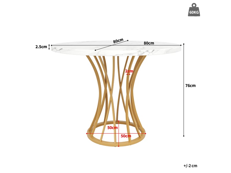 Table à manger ronde pieds métal doré et plateau mdf blanc marbré, design contemporain pour salon et cuisine, 80 x 80 x 76 cm – or - Conforama E