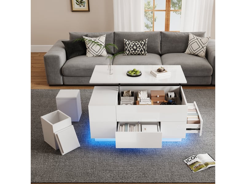 Table basse relevable blanche brillante avec led, 2 poufs et rangement caché, 100x50x45cm - Conforama R
