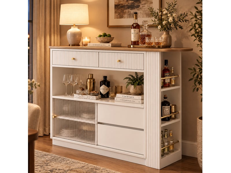  Îlot cuisine bar extensible183x30x100 cm, pivotant 360°, led, rangements, panneaux de particules et acrylique, blanc  - Conforama D