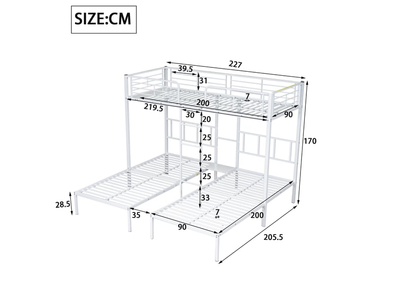  Lit superposé enfant 3 places 90x200 cm – blanc – métal, échelle, tablette et barrières de sécurité, sans matelas  - Conforama C