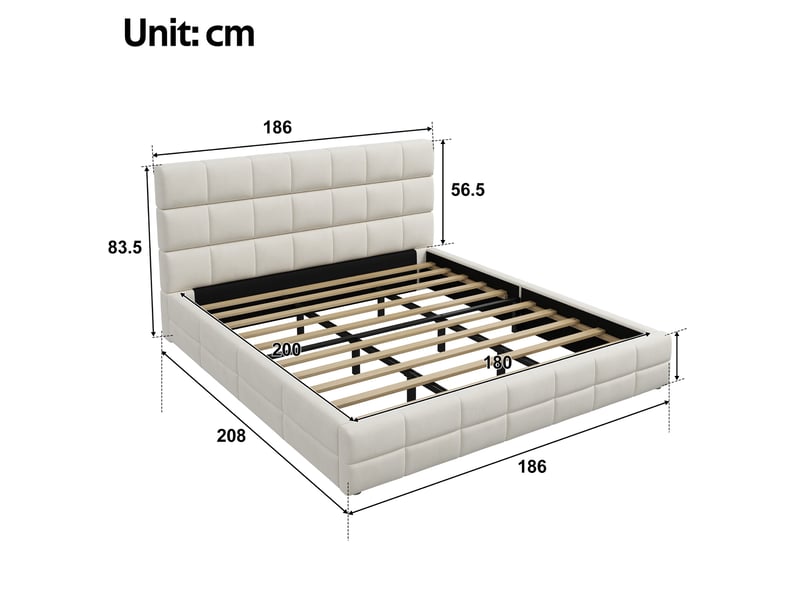  Lit rembourré beige 180x200 cm en velours avec tête de lit garnie de mousse, surpiqûres décoratives et sommier à lattes  - Conforama C