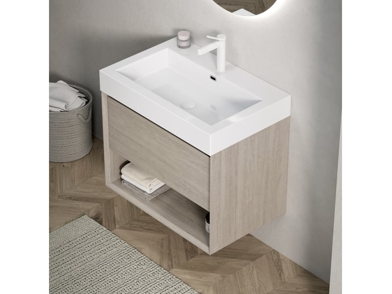  Meuble sous vasque suspendu avec 1 tiroir et niche ouverte pour salle de bain, chêne clair 70 × 46 × 60 cm  - Conforama E