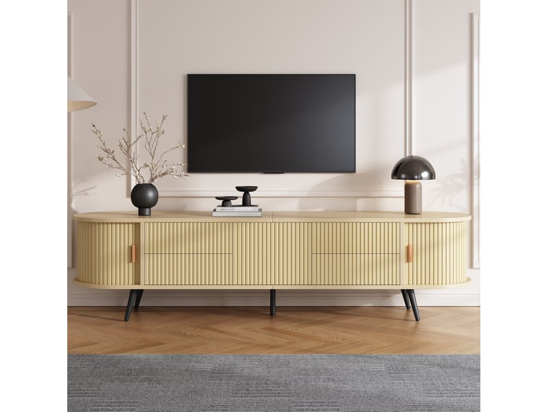  Meuble tv ovale avec 4 tiroirs et 1 porte coulissante, rainures verticales, pour salon, en mdf, bois naturel, 180 × 40 × 45 cm  - Conforama C
