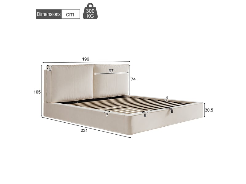  Lit coffre 180 x 200 cm, lit double avec rangement hydraulique, sommier à lattes, tête de lit rembourrée, velours beige  - Conforama C