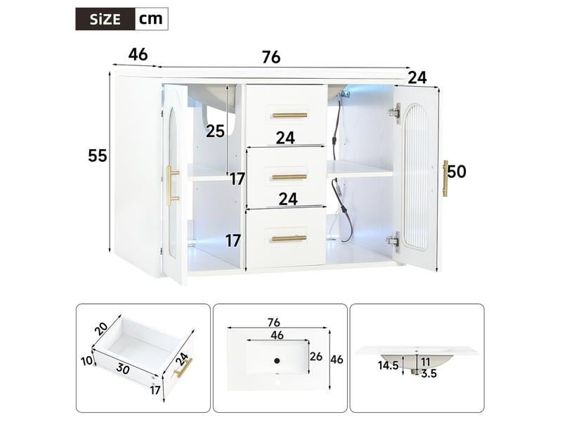  Meuble vasque mural 76x46x55 cm, meuble salle de bain avec led, porte en verre cannelé, tiroirs et étagères réglables, mdf, blanc Bliss Lite - Conforama C