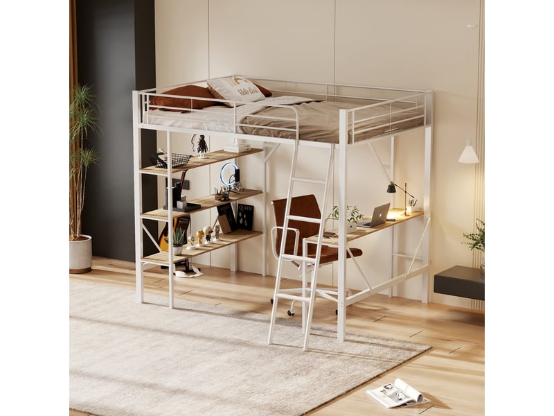  Lit mezzanine 90 × 200 cm 1 place avec bureau et 3 étagères, sans matelas, en métal et mdf, blanc  - Conforama E