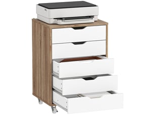 Caisson bureau mobile | meuble de rangement sur roulettes 5 tiroirs 47,5x39,5x67,5 cm blanc et chêne